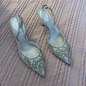 Rene Caovilla Isabel White Lace Crystal Slingback Heels